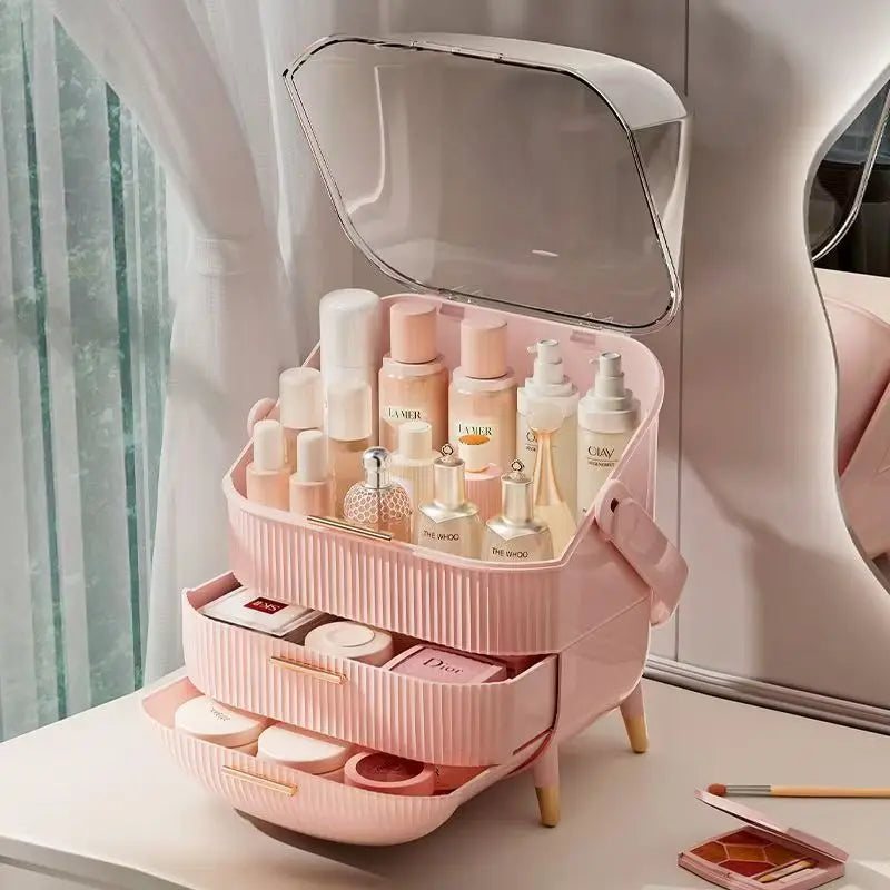 Makeup Storage Organizer with Lid Waterproof Cosmetics Skincare Organizer for Vanity Portable Cosmetics Storage Box for Girls